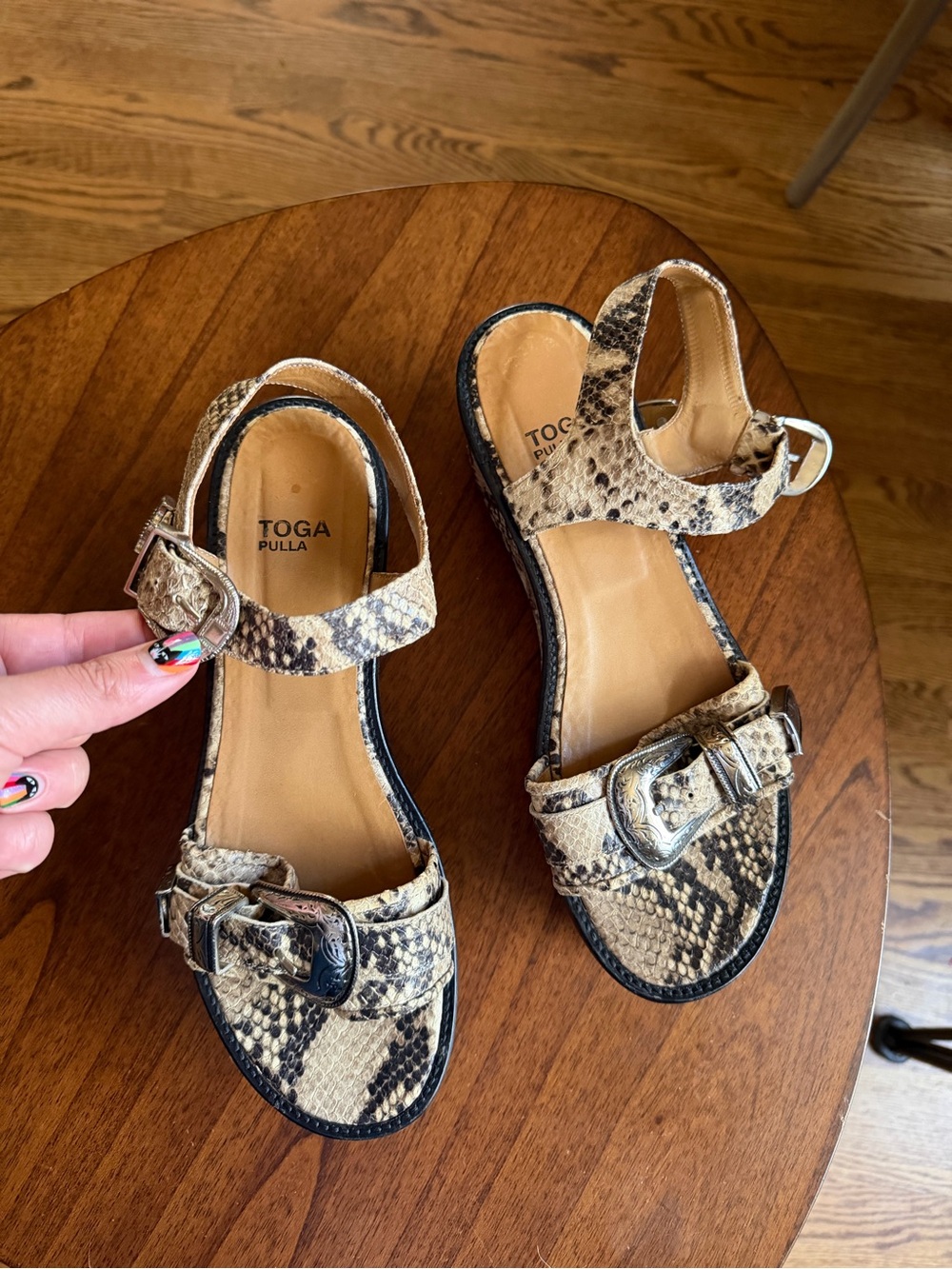 TOGA Pulla Snake-Effect Buckle Sandals in Tan and Black